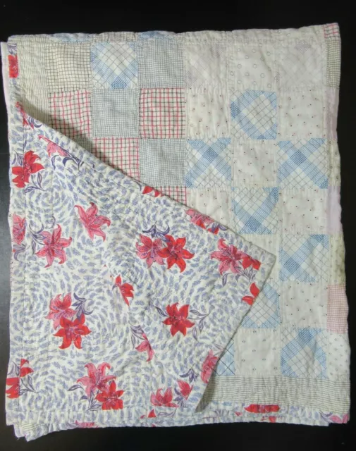 Antique Vintage Hand Stitched Calico Patchwork Quilt 52x88 Handmade