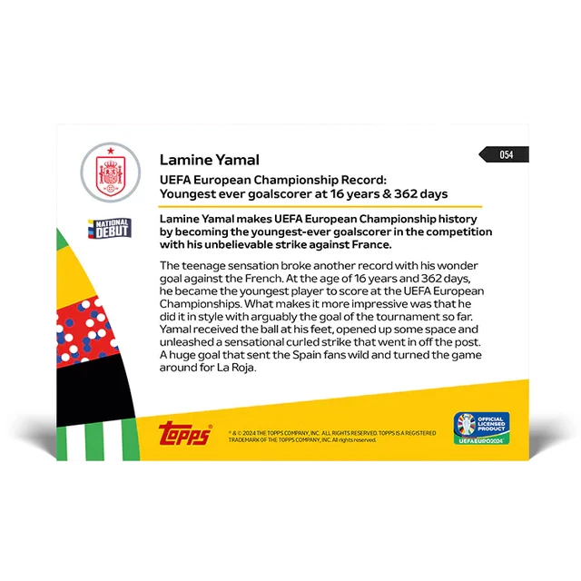 LAMINE YAMAL UEFA Euro Championship Record EURO 2024 TOPPS ORA Carta 54