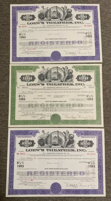 (Lot of 3) Loew's Theatres, Inc Bond Stock Certificate, New York