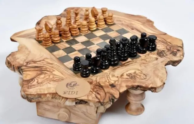 Rustic Olive wood chess board with pieces