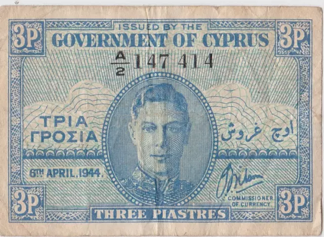 P28a CYPRUS 1944 THREE PIASTRES BANKNOTE IN NEAR VERY FINE CONDITION.