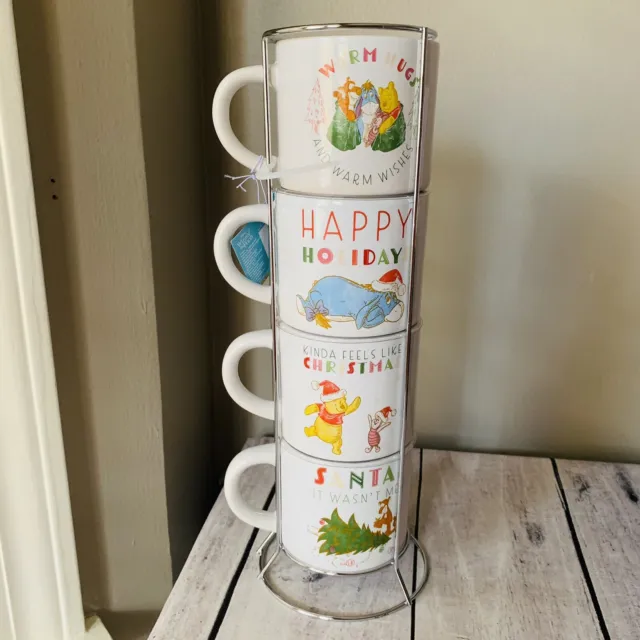 Disney Winnie The Pooh Stackable Ceramic Coffee Mugs Set Of 4 & Metal Tower