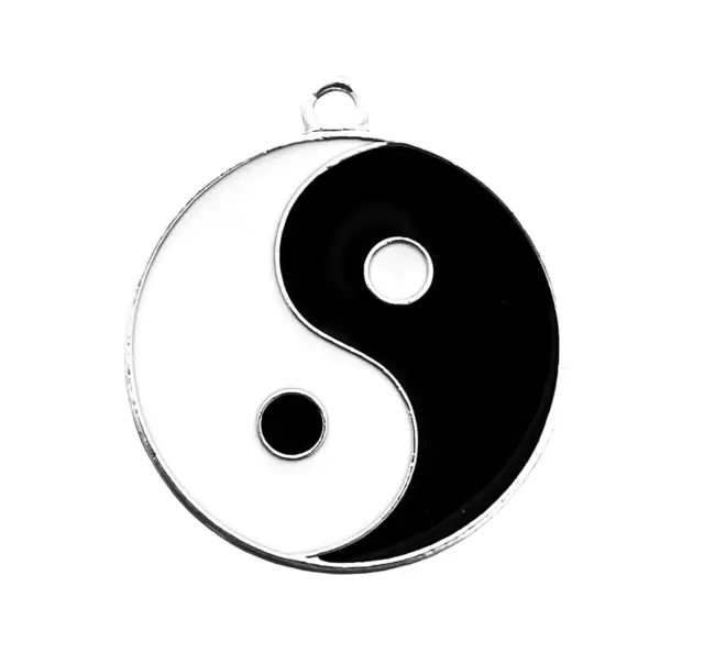 Black White Two Sided  1 6/8" Flat Round Yin Yang Bead Drop Focal Silver Pendant