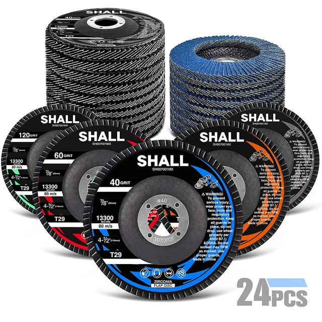 SHALL 24-Pack Flap Disc, 4-1/2" X 7/8", Zirconia Grinding Wheel 40/60/80/120 Gr