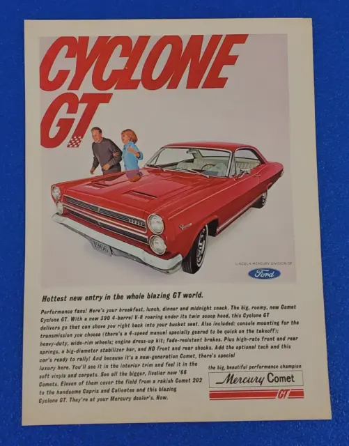 1966 Mercury Comet Cyclone Gt V-8 Original Color Print Ad Ships Free Lot-Red B-1