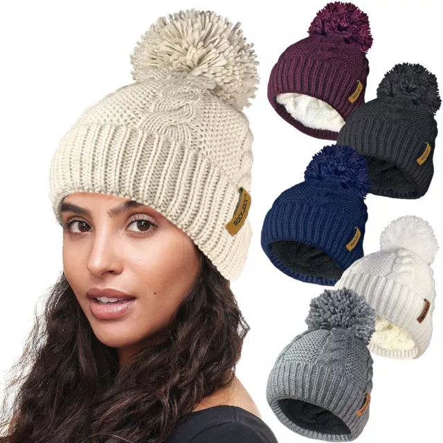 Womens Ladies Cable Knit Winter Pom Pom Bobble Ski Beanie Hat Fur Fleece Lining