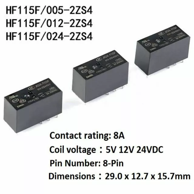 Hongfa Relays 8A 8-Pin HF115F-JQX-115F- 005 012 024-2ZS4 5V 12V 24V Power Relay