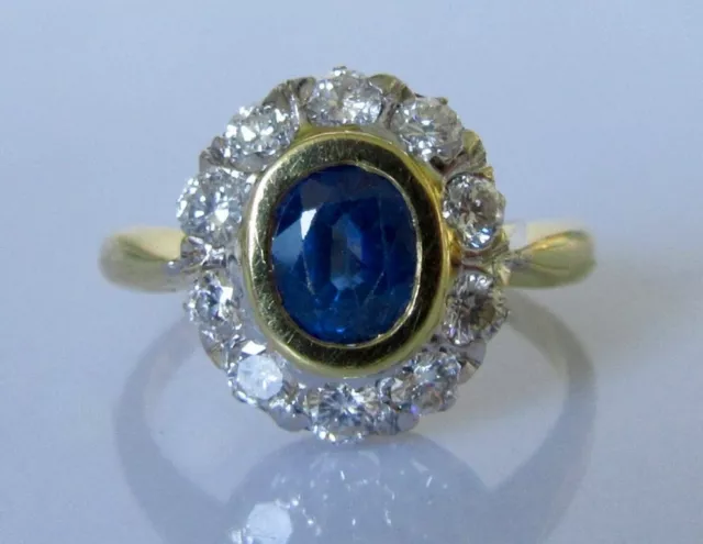 Gold Diamond Ring - Vintage 18ct Gold Sapphire Diamond Oval Cluster Ring Size K