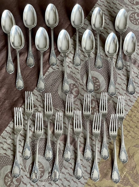 12 Cuilleres + 12 Fourchettes De Table  En Metal Argente Christofle Marly 24 Pc