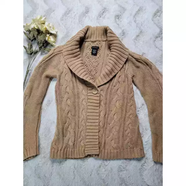 Calvin Klein Tan Mocha Cable Crochet Knit Shawl Collar Cardigan Sweater Size M 2