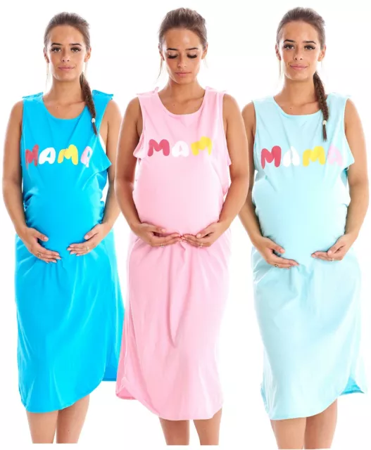 Strappy Maternity Nursing Nightdress 100% Cotton Breast Buttons MAMA Motif Gown