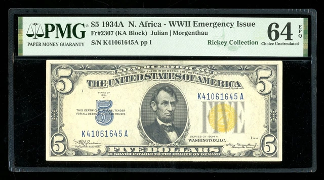 DBR 1934-A $5 Silver North Africa Fr. 2307 PMG 64 EPQ Serial K41061645A