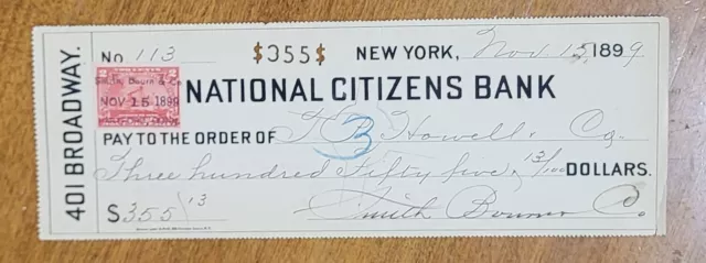 Bank Check Receipt 1899 New York City National Citizens Bank Revenue Stamp