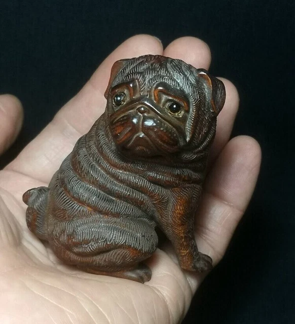 Japanese boxwood hand carved lovely dog Figure statue netsuke collectable Gift