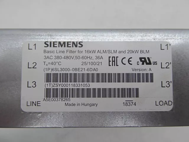 Siemens Basic Line Filter for 16kW ALM/SLM and 20kW BLM     6SL3000-0BE21-6DA0