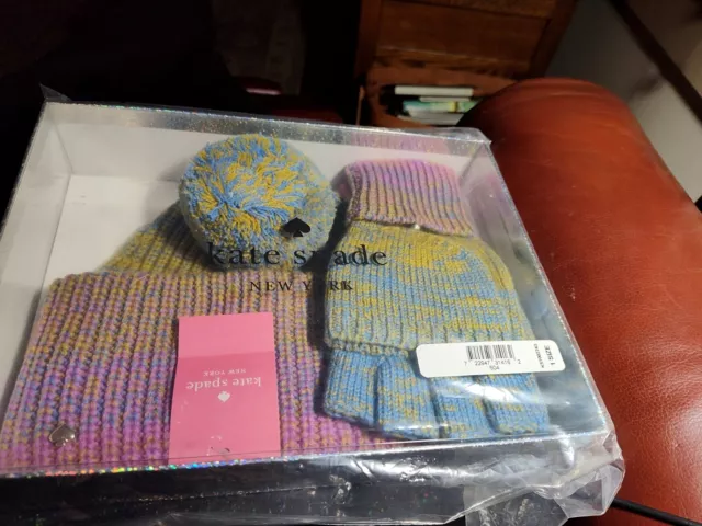 Kate Spade New York Hat, Mittens & Earmuffs Set Ombre Multi Colored, New In Box