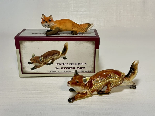 Red Fox Jeweled Enamel Hinged Box & Wood Carved Red Fox FOX COLLECTORS, LOT OF 2