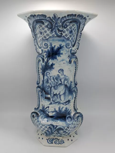 Antique Dutch Delft 18th Century Blue and White Hexagonal Gallant Scene Vase 16"