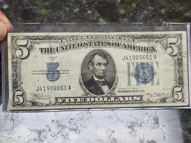 1934 A $5 Silver Certificate PROBLEM FREE dirty New Holder