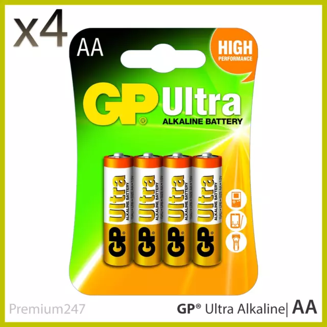 4 GP Ultra Alkaline AA Battery card of 4 High Performance Batteries Longest EXP