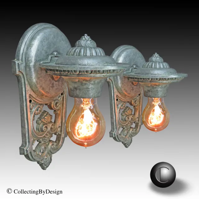 PAIR Large Riddle Arts & Crafts/Art Nouveau Verdigris Sconces c.1925 RESTORED