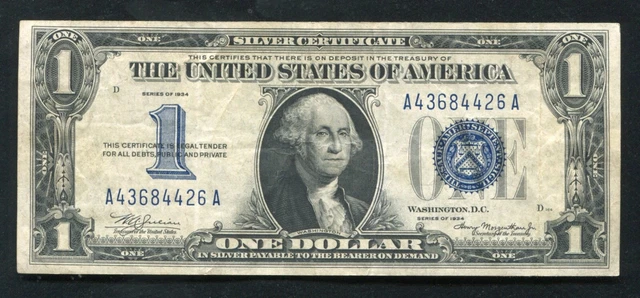 Fr. 1606 1934 $1 One Dollar “Funnyback” Silver Certificate Very Fine+