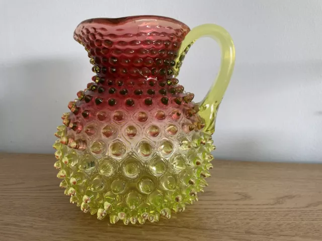 Vintage Victorian Hobbs Brockunier Rubina Verde Hobmail Art Glass Pitcher 8"