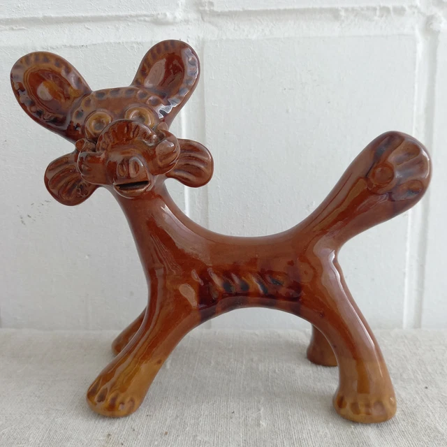 Vintage Handmade Pottery Ceramic Glaze Figurine Lion 60s Folk Pottery