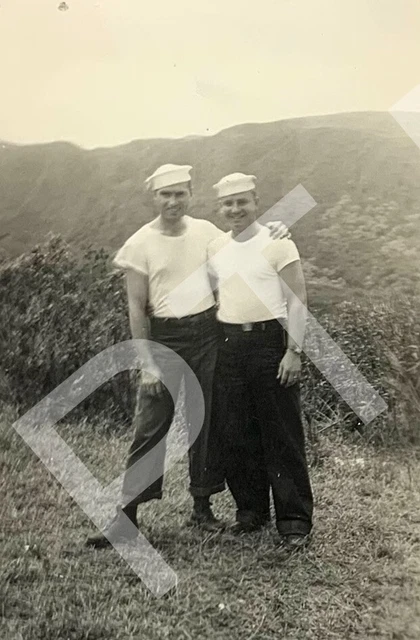Vtg Photo Handsome Young Men Sailors Side Hugging By a Mountain Gay Int 1940s