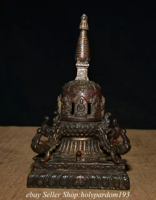 9.2" Old Chinese Bronze Gilt Buddha Stupa Pagoda Tower Statue Sculpture