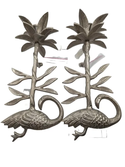 Candlestick Holder Tropical Palm Tree Flamingo Metal Wall Mounted 11"