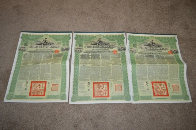 3 Chinois Gouvernement Reorganization Or Prêt De 1913 Bond Vert Coupon Chine