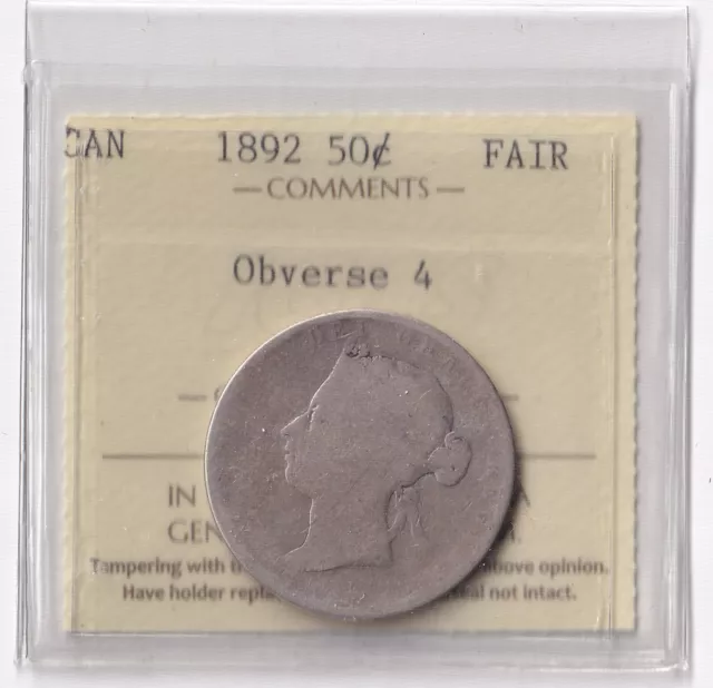 Canada 1892 Fifty Cent 50c Silver Coin ICCS Graded FAIR .925 Silver Obverse 4