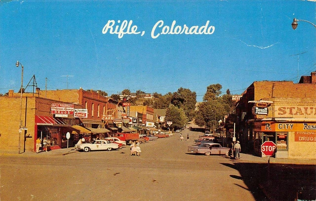 RIFLE, COLORADO Street Scene Rexall Walgreens Coca-Cola c1960s Vintage Postcard