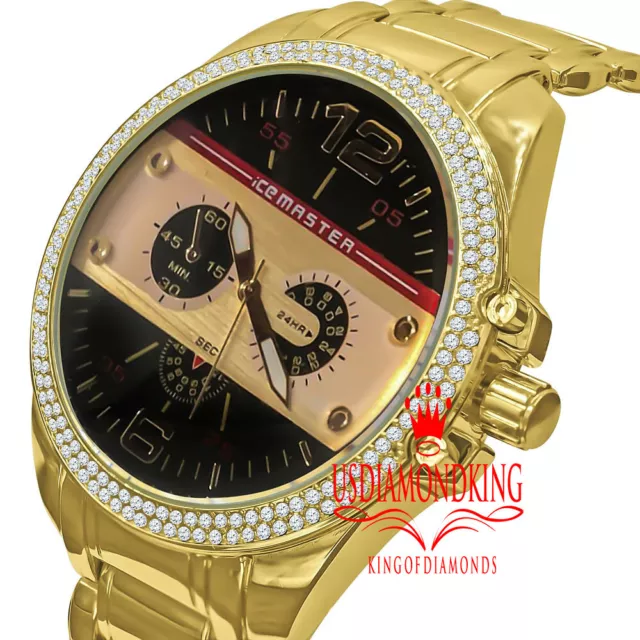 Mens 18K Yellow Gold Finish Analog Simulated Diamond Wrist Watch Metal Link Band