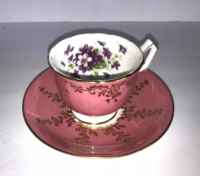 AYNSLEY Rose Pink & Gold Footed CUP & SAUCER w/Violets