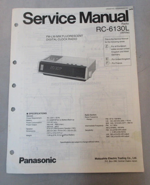 Vintage Panasonic Service Data Sheet - FM - LW-MW Digital Clock Radio - RC-6130L