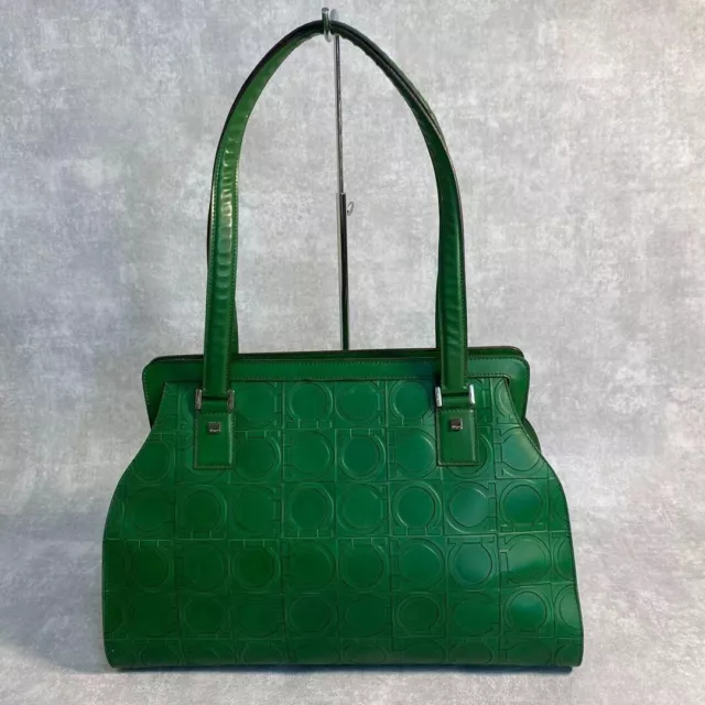 SALVATORE FERRAGAMO LEATHER Gancini Green Vintage Italy Hand Bag ...