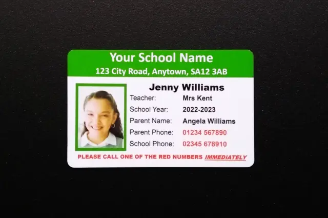 Personalised Kids Student School ID Card Safety Security Missing Child Emergency