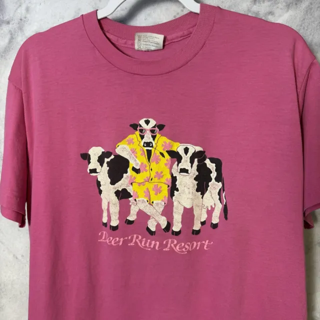 Vintage Funny Cow T Shirt Adult XL Pink 90s Deer Run Resort USA (SEE MEASUREMENT