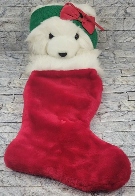 3D Santa Teddy Bear w/ Bow Christmas STOCKING Red - White - Green Kids PLUSH BAG