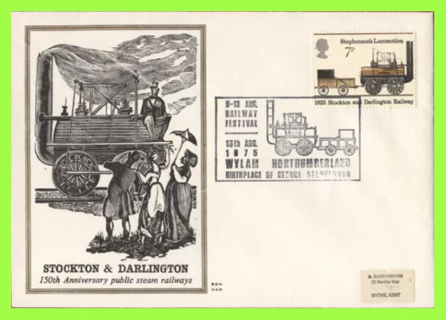 G.B. 1975 7p Trains on Benham Woodcut First Day Cover, Wylam Northumberland