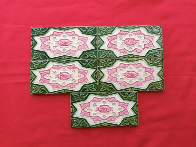 5 Piece Old Art Flower Design Embossed Majolica Ceramic Tiles Japan 0172 3