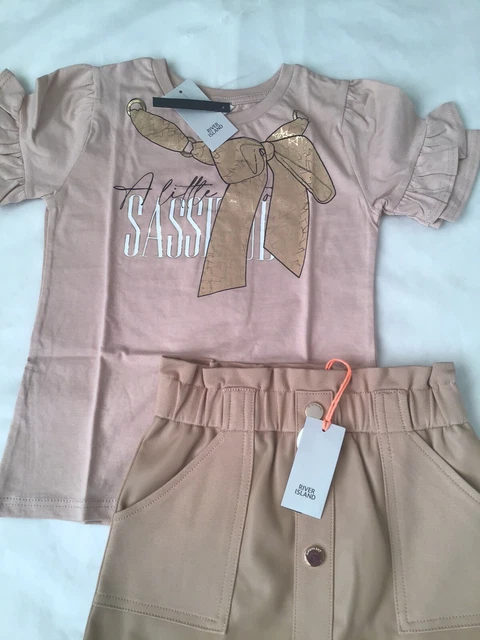 River island mini girls aged 2-3 years beige faux leather skirt outfit BNWT 2