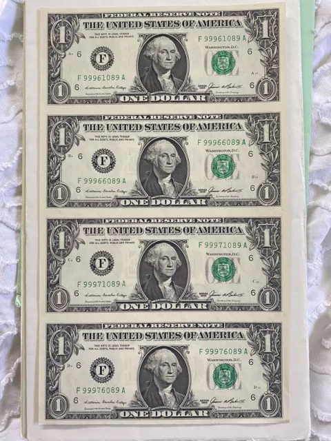 1985 U.S. Federal Reserve Notes $1 UNCUT SHEET of 4 Notes   Atlanta District