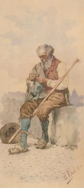 Eduard Vitali - Late 19th Century Watercolour, Old Man with a Pipe