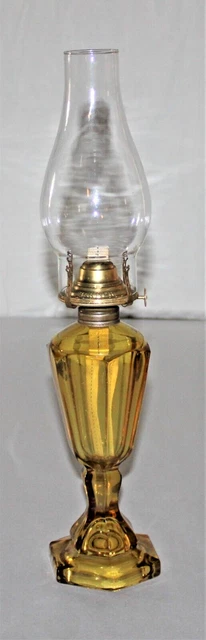 Antique Golden Honey Amber Glass Oil Lamp W/ Burner & Chimney / Whale Oil Lamp