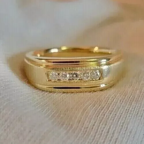 ROUND CUT LAB Created Diamond Men's Wedding Band Ring 14K Yellow Gold ...