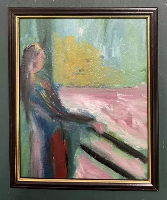 Original Mid Century Modernist Abstract Style Figurative Oil On Board Painting