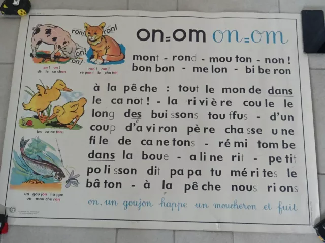 affiche scolaire MDI ALPHABET lecture le son ON-OI ECOLE ANCIENNE art populaire